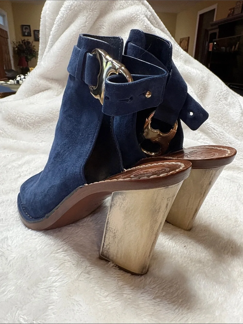 Tory Burch Navy Suede Open-Toe Heels